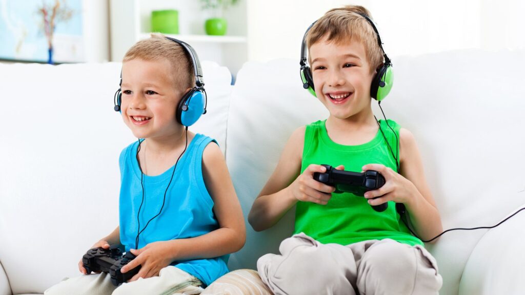 A picture two kids playing video a game